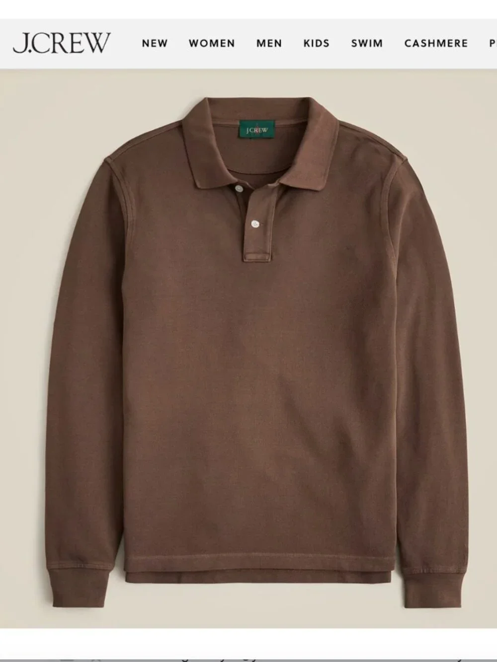 J.Crew Long Sleeve Washed Pique Polo Shirt Oarsman Deep Twig Brown Preppy Size M